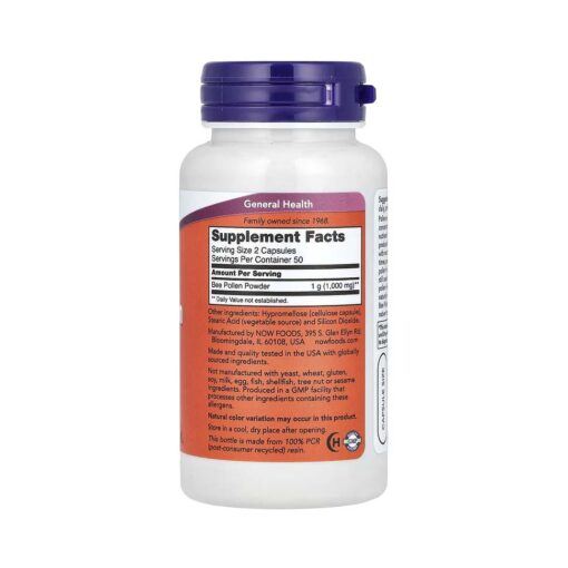 NOW Foods, Caps de pollen d'abeille, 1000 mg, 100 capsules (500 mg par capsule) – Image 2